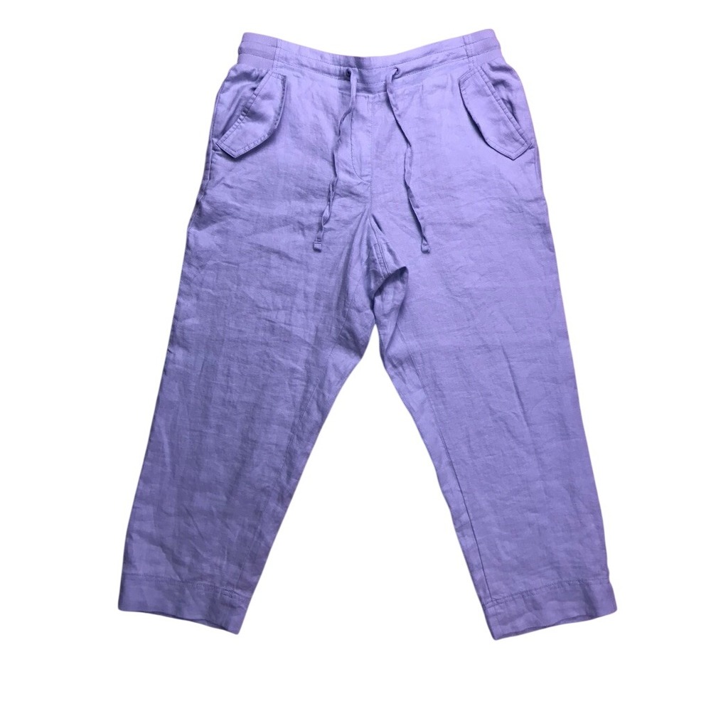 Talbots Linen Crop Pants Women Size MP Light Blue Drawstring Casual NWT